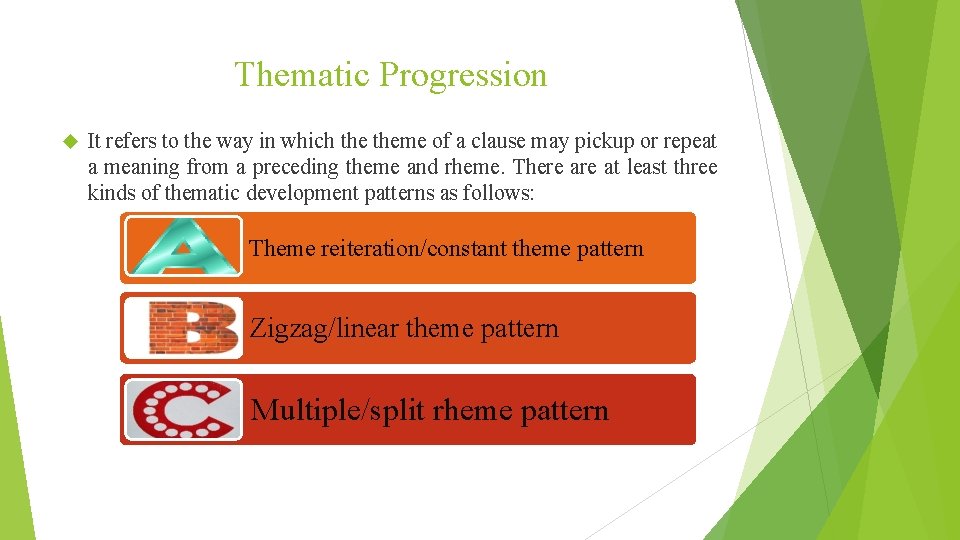 Thematic Progression It refers to the way in which theme of a clause may