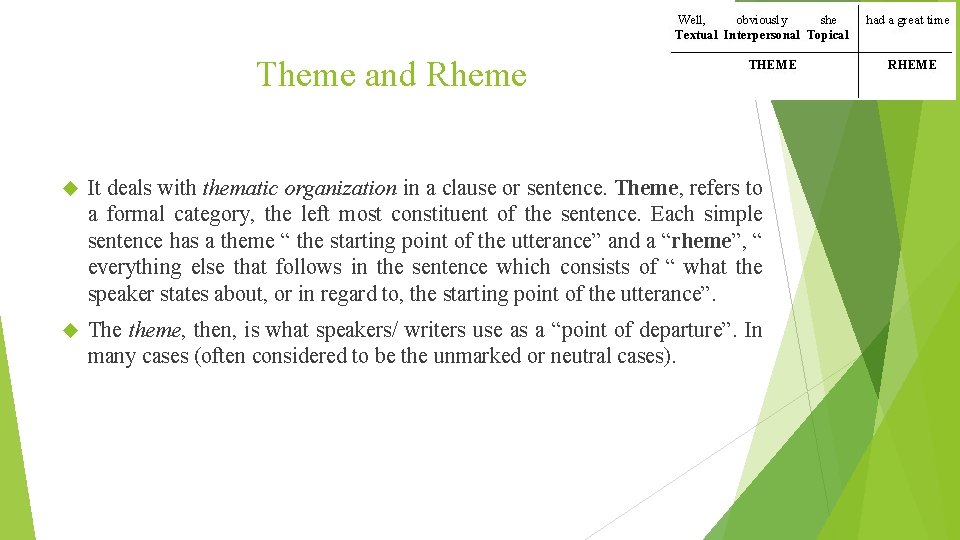 Theme and Rheme It deals with thematic organization in a clause or sentence. Theme,