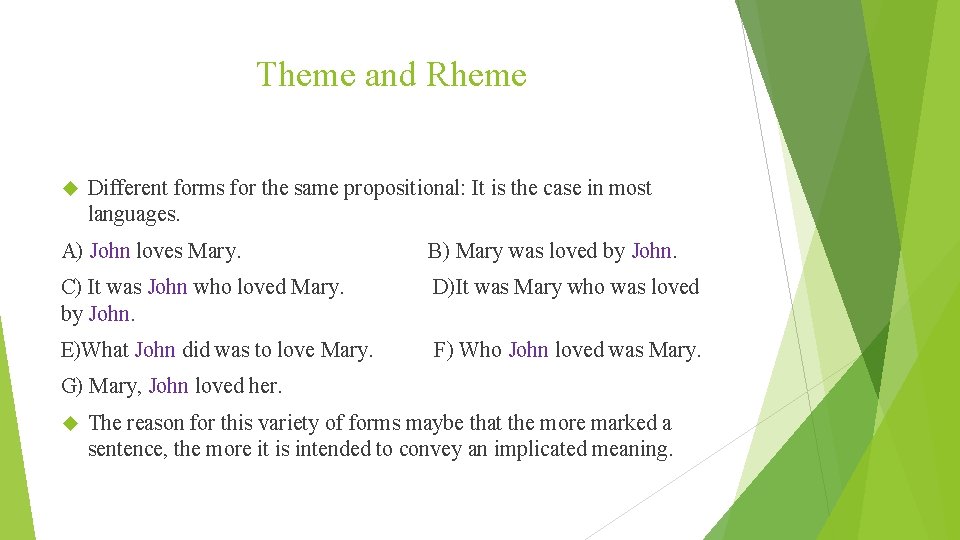 Theme and Rheme Different forms for the same propositional: It is the case in