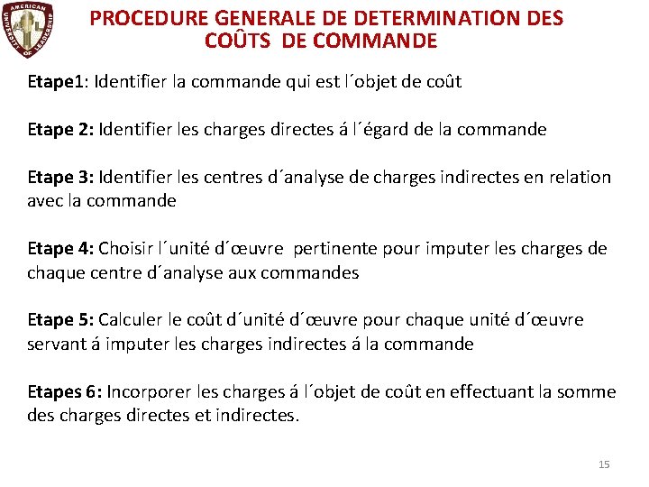 PROCEDURE GENERALE DE DETERMINATION DES COÛTS DE COMMANDE Etape 1: Identifier la commande qui