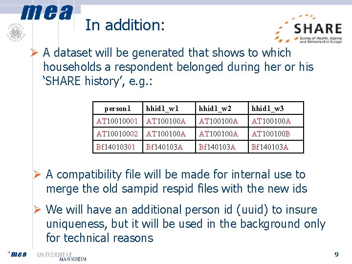 In addition: Ø A dataset will be generated that shows to which households a