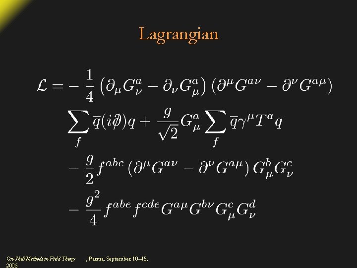 Lagrangian On-Shell Methods in Field Theory 2006 , Parma, September 10– 15, 
