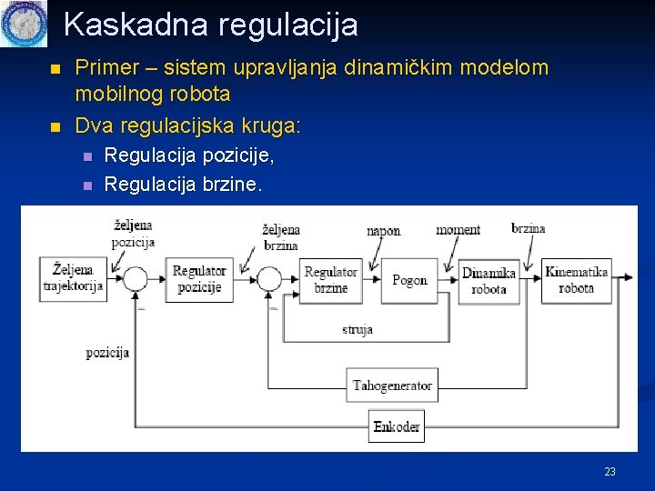 Kaskadna regulacija n n Primer – sistem upravljanja dinamičkim modelom mobilnog robota Dva regulacijska Kaskadna regulacija n n Primer – sistem upravljanja dinamičkim modelom mobilnog robota Dva regulacijska