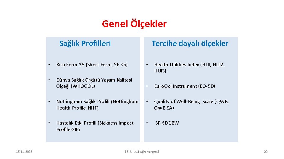 Genel Ölçekler Sağlık Profilleri 15. 11. 2018 Tercihe dayalı ölçekler • Kısa Form-36 (Short