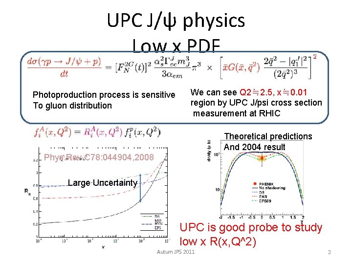 UPC J/ψ physics Low x PDF Photoproduction process is sensitive To gluon distribution We