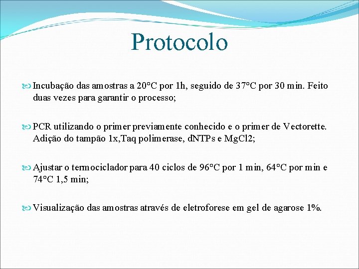 Protocolo Incubação das amostras a 20°C por 1 h, seguido de 37°C por 30