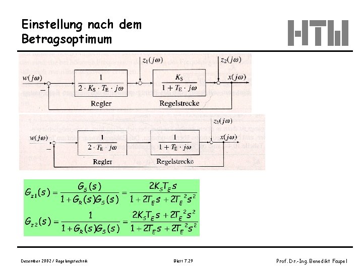 Einstellung nach dem Betragsoptimum Dezember 2002 / Regelungstechnik Blatt 7. 29 Prof. Dr. -Ing.
