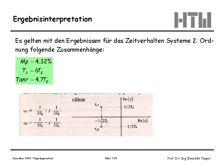 Ergebnisinterpretation Es gelten mit den Ergebnissen für das Zeitverhalten Systeme 2. Ordnung folgende Zusammenhänge: