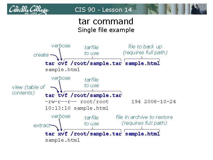 CIS 90 - Lesson 14 tar command Single file example verbose create file to