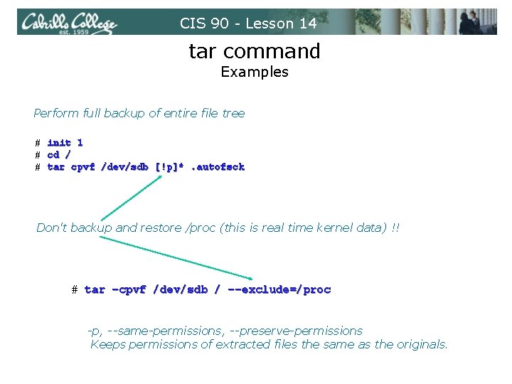 CIS 90 - Lesson 14 tar command Examples Perform full backup of entire file