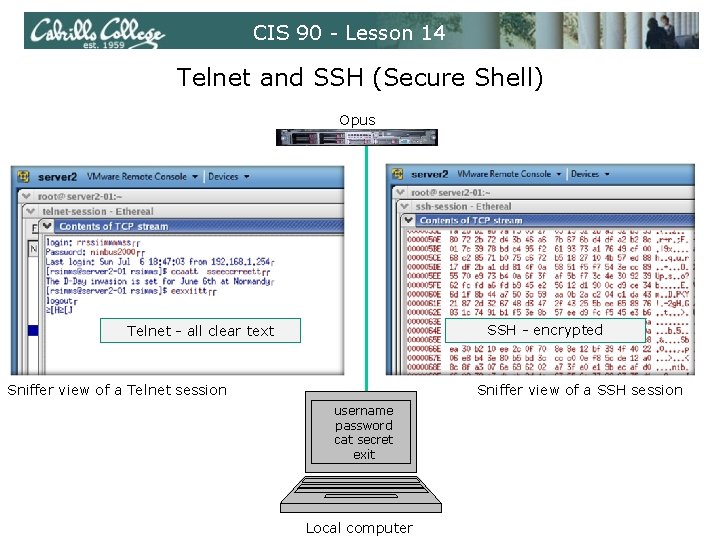 CIS 90 - Lesson 14 Telnet and SSH (Secure Shell) Opus SSH - encrypted