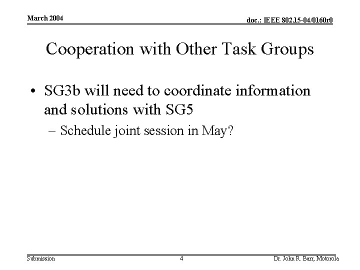 March 2004 doc. : IEEE 802. 15 -04/0160 r 0 Cooperation with Other Task