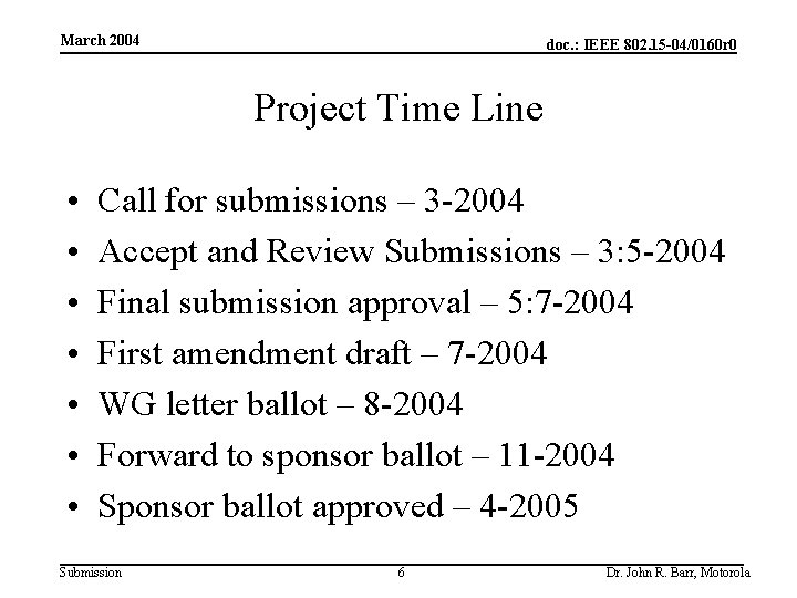 March 2004 doc. : IEEE 802. 15 -04/0160 r 0 Project Time Line •