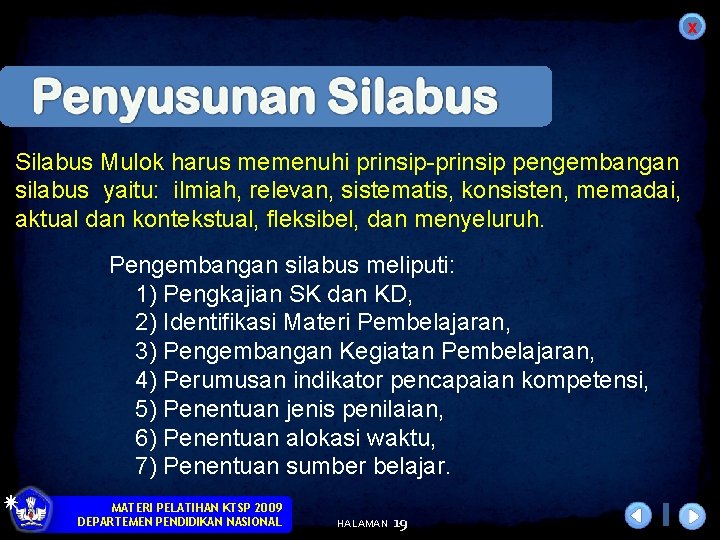 x Silabus Mulok harus memenuhi prinsip-prinsip pengembangan silabus yaitu: ilmiah, relevan, sistematis, konsisten, memadai,