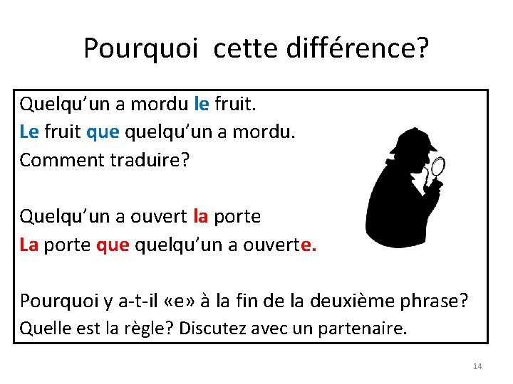 Pourquoi cette différence? Quelqu’un a mordu le fruit. Le fruit quelqu’un a mordu. Comment