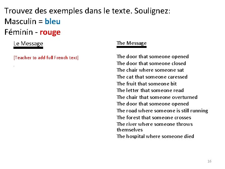 Trouvez des exemples dans le texte. Soulignez: Masculin = bleu Féminin - rouge Le