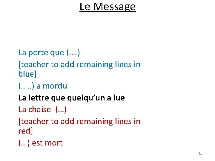 Le Message La porte que (…. ) [teacher to add remaining lines in blue]