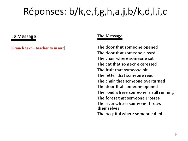 Réponses: b/k, e, f, g, h, a, j, b/k, d, l, i, c Le