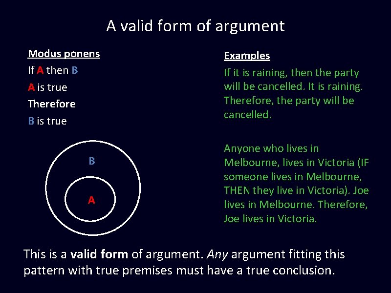 A valid form of argument Modus ponens If A then B A is true A valid form of argument Modus ponens If A then B A is true