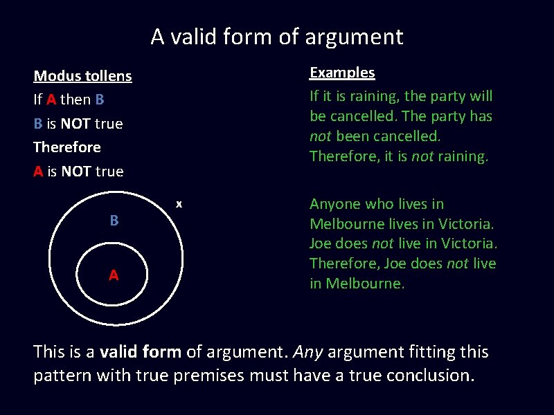 A valid form of argument Examples If it is raining, the party will be A valid form of argument Examples If it is raining, the party will be