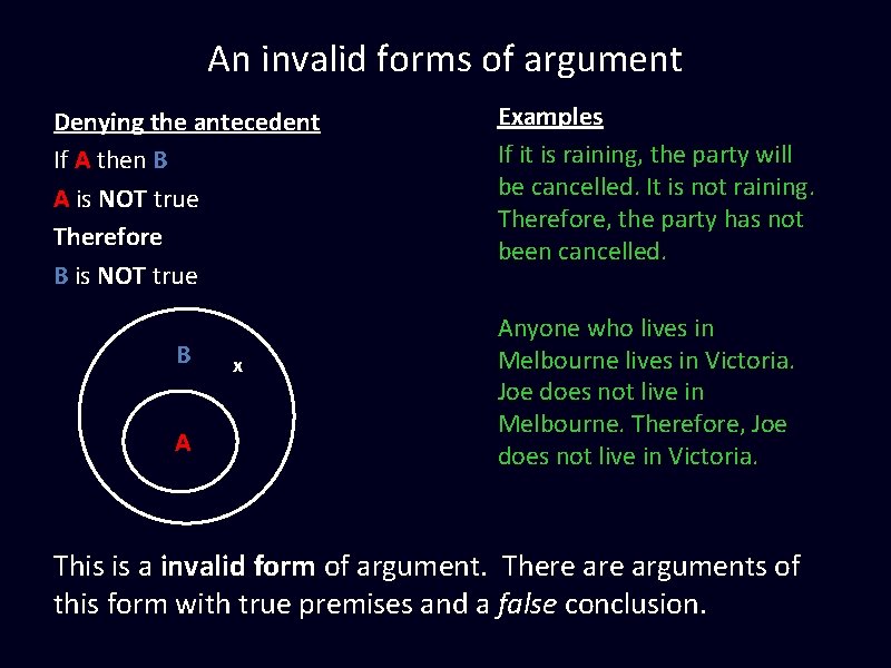 An invalid forms of argument Denying the antecedent If A then B A is An invalid forms of argument Denying the antecedent If A then B A is