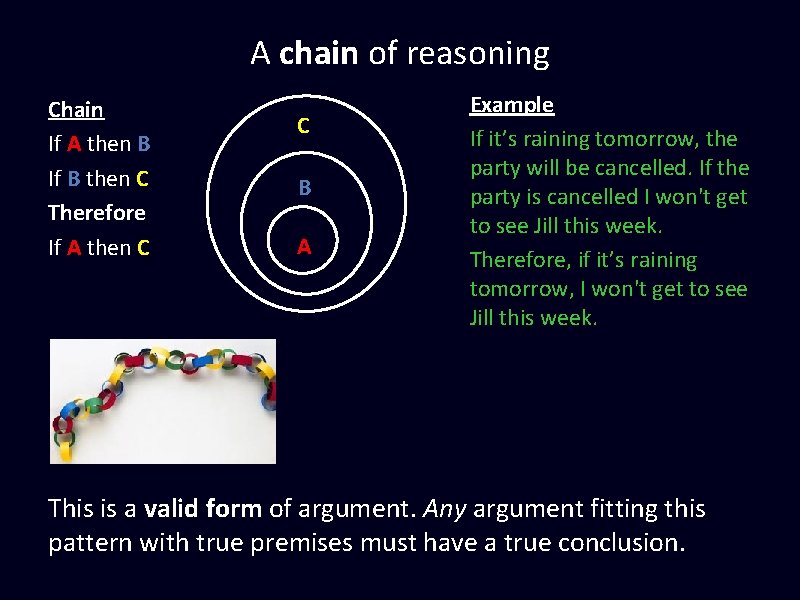 A chain of reasoning Chain If A then B If B then C Therefore A chain of reasoning Chain If A then B If B then C Therefore