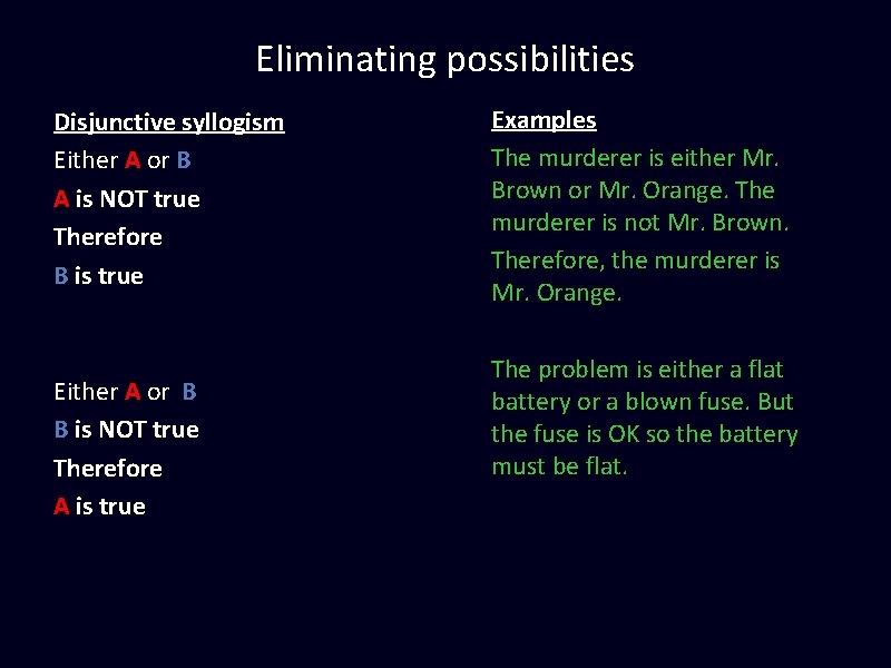 Eliminating possibilities Disjunctive syllogism Either A or B A is NOT true Therefore B Eliminating possibilities Disjunctive syllogism Either A or B A is NOT true Therefore B