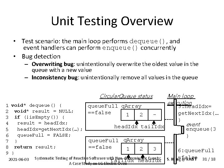 Unit Testing Overview • Test scenario: the main loop performs dequeue(), and event handlers