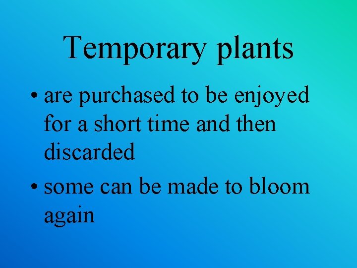 Temporary plants • are purchased to be enjoyed for a short time and then