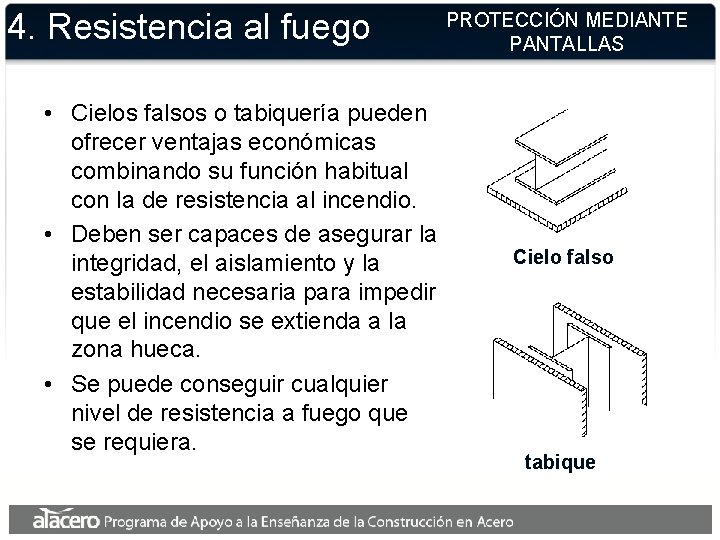 4. Resistencia al fuego • Cielos falsos o tabiquería pueden ofrecer ventajas económicas combinando