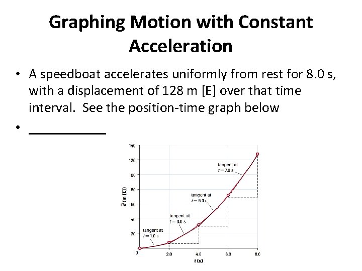 Graphing Motion with Constant Acceleration • A speedboat accelerates uniformly from rest for 8.