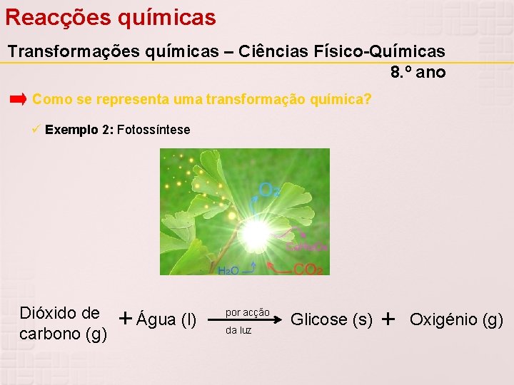 Reacções químicas Transformações químicas – Ciências Físico-Químicas 8. º ano Como se representa uma