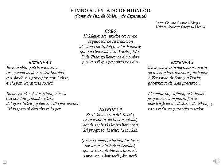 HIMNO AL ESTADO DE HIDALGO (Canto de Paz, de Unión y de Esperanza) ESTROFA HIMNO AL ESTADO DE HIDALGO (Canto de Paz, de Unión y de Esperanza) ESTROFA