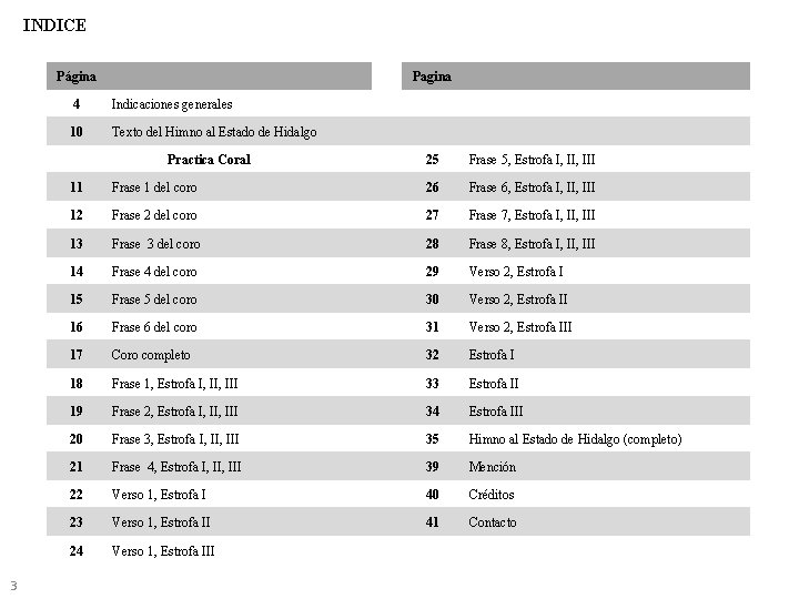 INDICE Página Pagina 4 Indicaciones generales 10 Texto del Himno al Estado de Hidalgo INDICE Página Pagina 4 Indicaciones generales 10 Texto del Himno al Estado de Hidalgo
