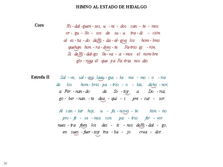 HIMNO AL ESTADO DE HIDALGO Coro Hi - dal -guen - ses, u - HIMNO AL ESTADO DE HIDALGO Coro Hi - dal -guen - ses, u -