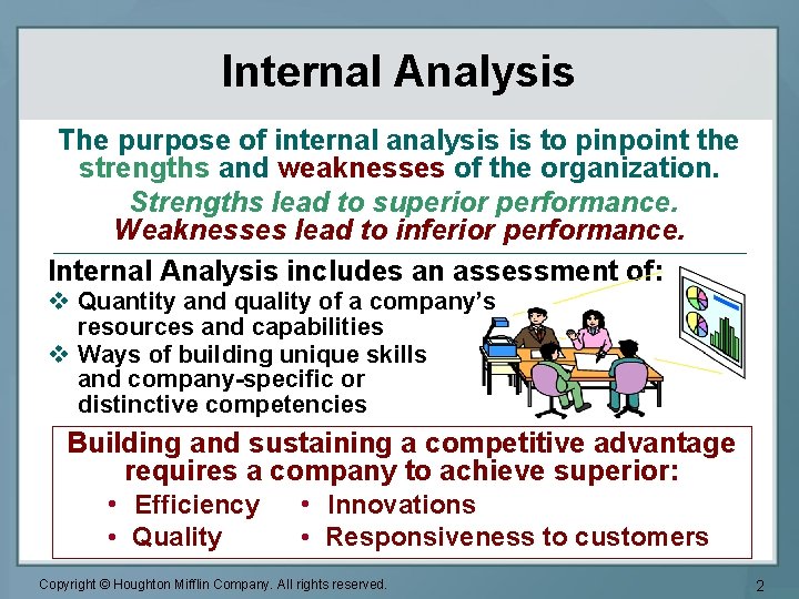 Internal Analysis The purpose of internal analysis is to pinpoint the strengths and weaknesses