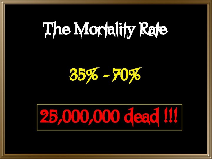 The Mortality Rate 35% - 70% 25, 000 dead !!! 