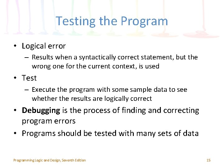 Testing the Program • Logical error – Results when a syntactically correct statement, but