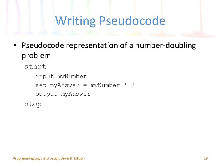 Writing Pseudocode • Pseudocode representation of a number-doubling problem start input my. Number set