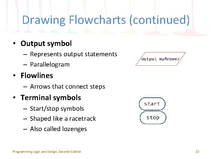 Drawing Flowcharts (continued) • Output symbol – Represents output statements – Parallelogram • Flowlines