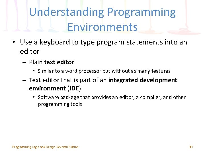 Understanding Programming Environments • Use a keyboard to type program statements into an editor