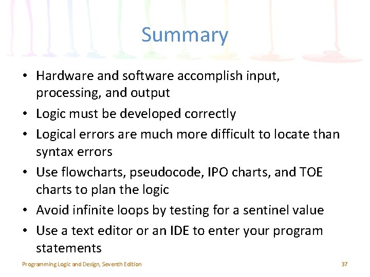 Summary • Hardware and software accomplish input, processing, and output • Logic must be