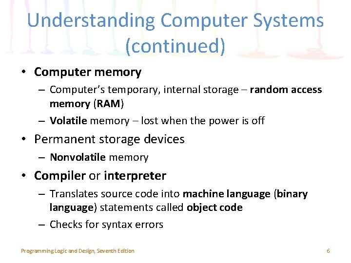 Understanding Computer Systems (continued) • Computer memory – Computer’s temporary, internal storage – random