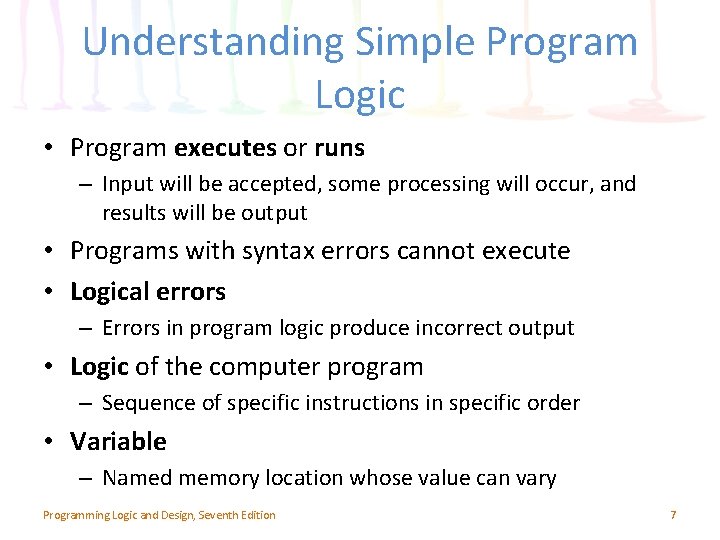 Understanding Simple Program Logic • Program executes or runs – Input will be accepted,