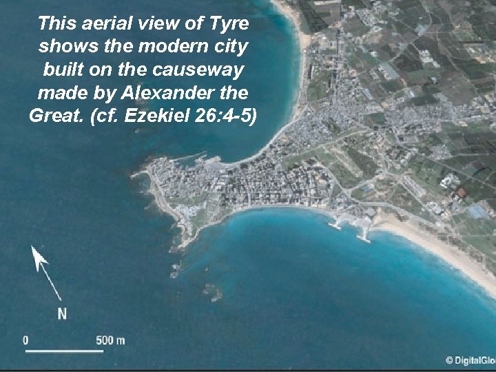 This aerial view of Tyre shows the modern city built on the causeway made