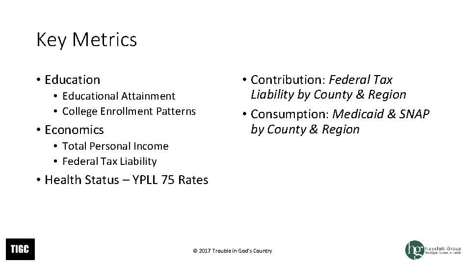 Key Metrics • Educational Attainment • College Enrollment Patterns • Economics • Contribution: Federal Key Metrics • Educational Attainment • College Enrollment Patterns • Economics • Contribution: Federal