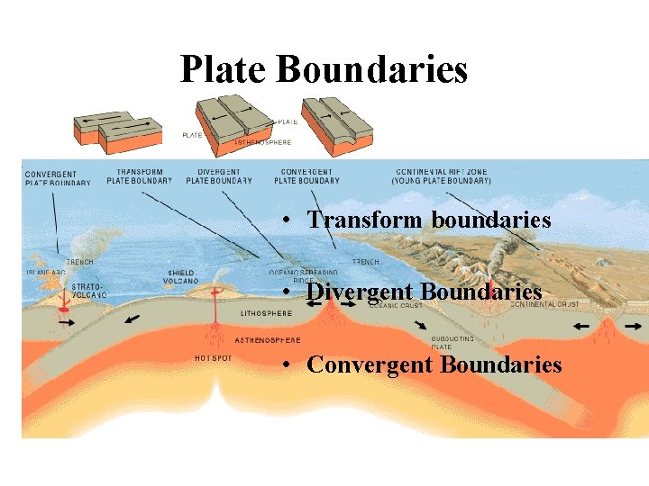 Plate Boundaries • Transform boundaries • Divergent Boundaries • Convergent Boundaries 