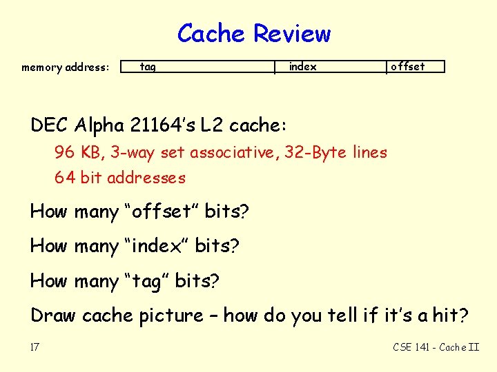 Cache Review memory address: tag index offset DEC Alpha 21164’s L 2 cache: 96