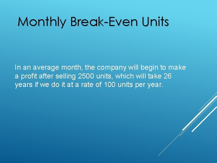 Monthly Break-Even Units In an average month, the company will begin to make a