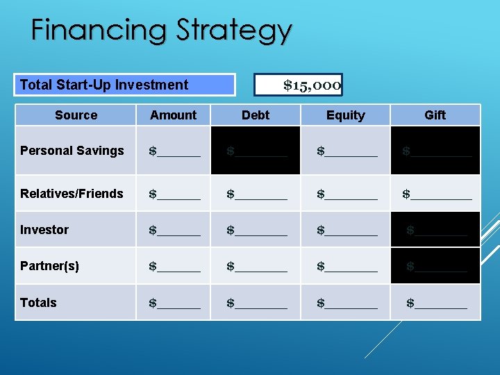 Financing Strategy $15, 000 Total Start-Up Investment Source Amount Debt Equity Gift Personal Savings